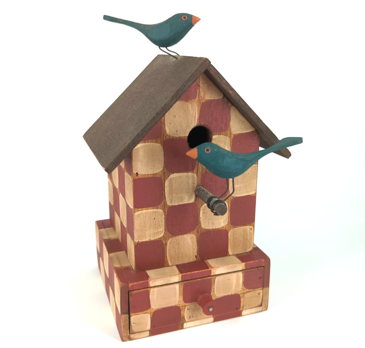 Vtg M Dallas signed 1992 Folk Art primitive Wooden Birdhouse Checkered w drawer Vtg M Dallas signed 1992 Folk Art primitive Wooden Birdhouse Checkered w drawer