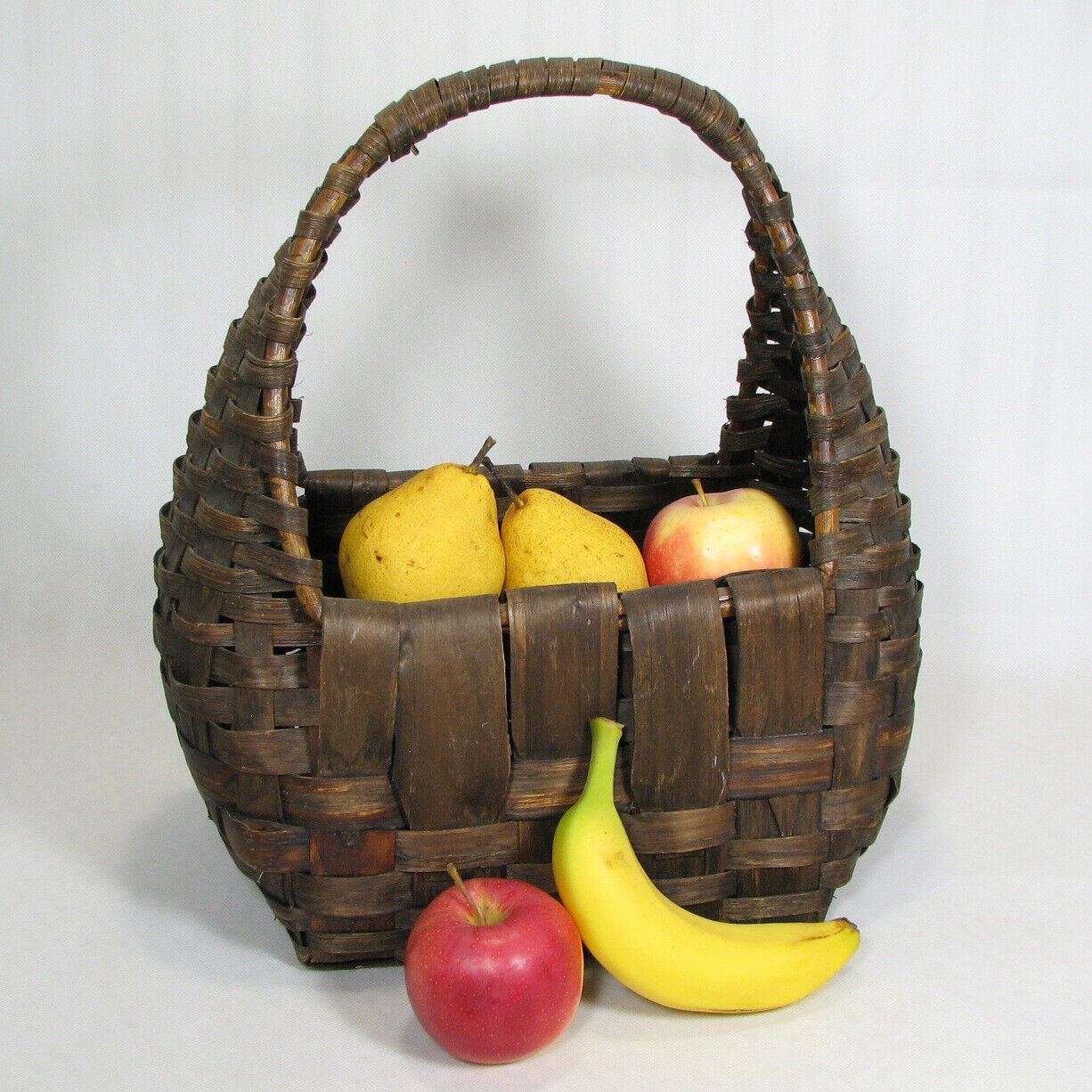 Vintage Hand Woven Basket Handle Dark Fruit Farmhouse Decor Natural
