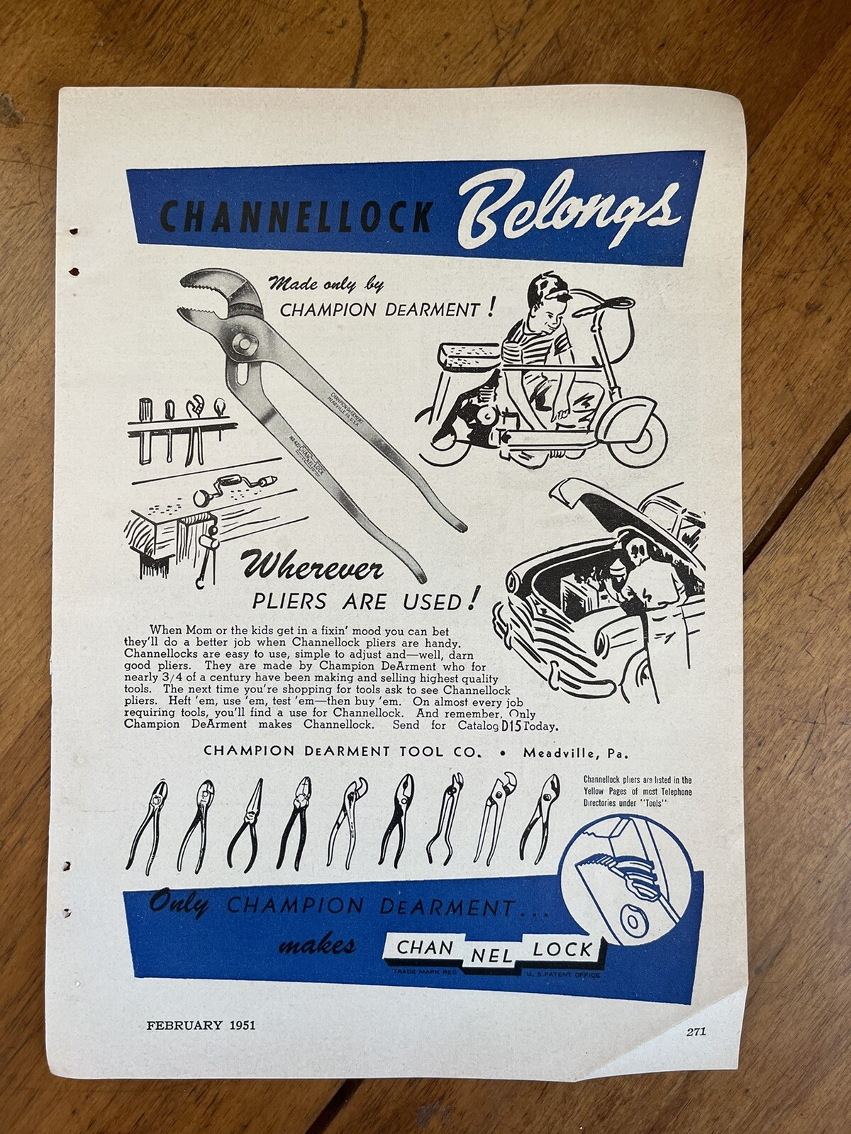 1951 CHANNEL LOCK  Ad  -Pliers & Tools  - Nice Advertising Wall Art