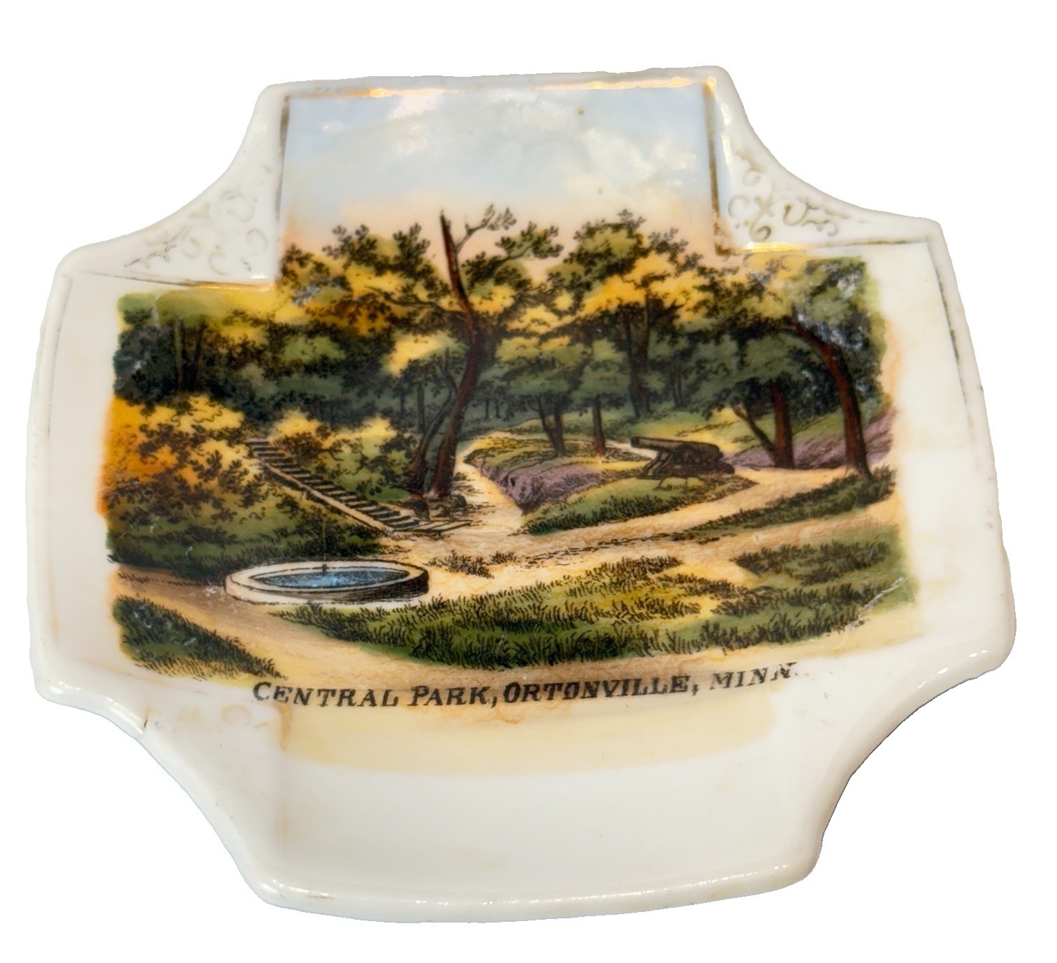 ORTONVILLE MINNESOTA MN Antique CENTRAL BANK Souvenir TRINKET PAINTED DISH ORTONVILLE MINNESOTA MN Antique CENTRAL BANK Souvenir TRINKET PAINTED DISH
