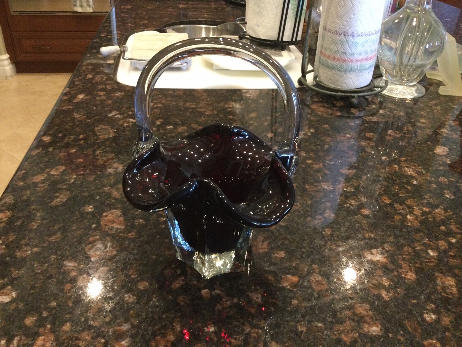 Gorgeous Handblown Dark Red Glass Baskets with Clear Handles.