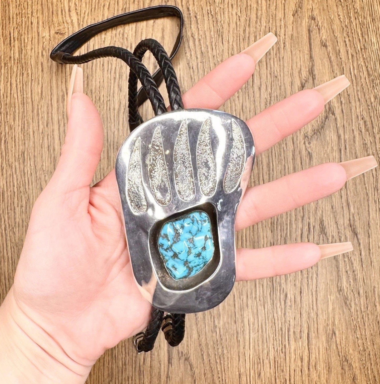 Vintage D.L. Garcia Sterling Silver Turquoise Bear Paw Bolo Tie Navajo Handmade
