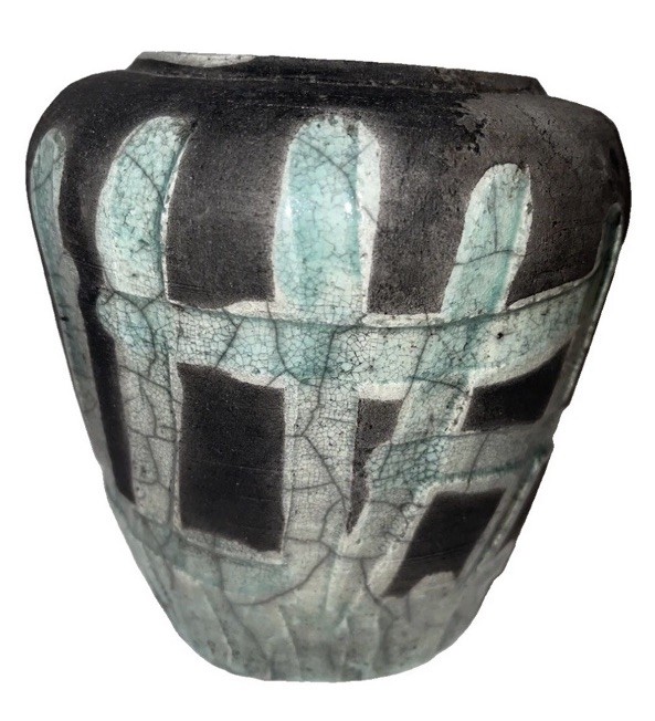 Vintage Raku Pottery Vase Signed Green Black fun Vintage Raku Pottery Vase Signed Green Black fun