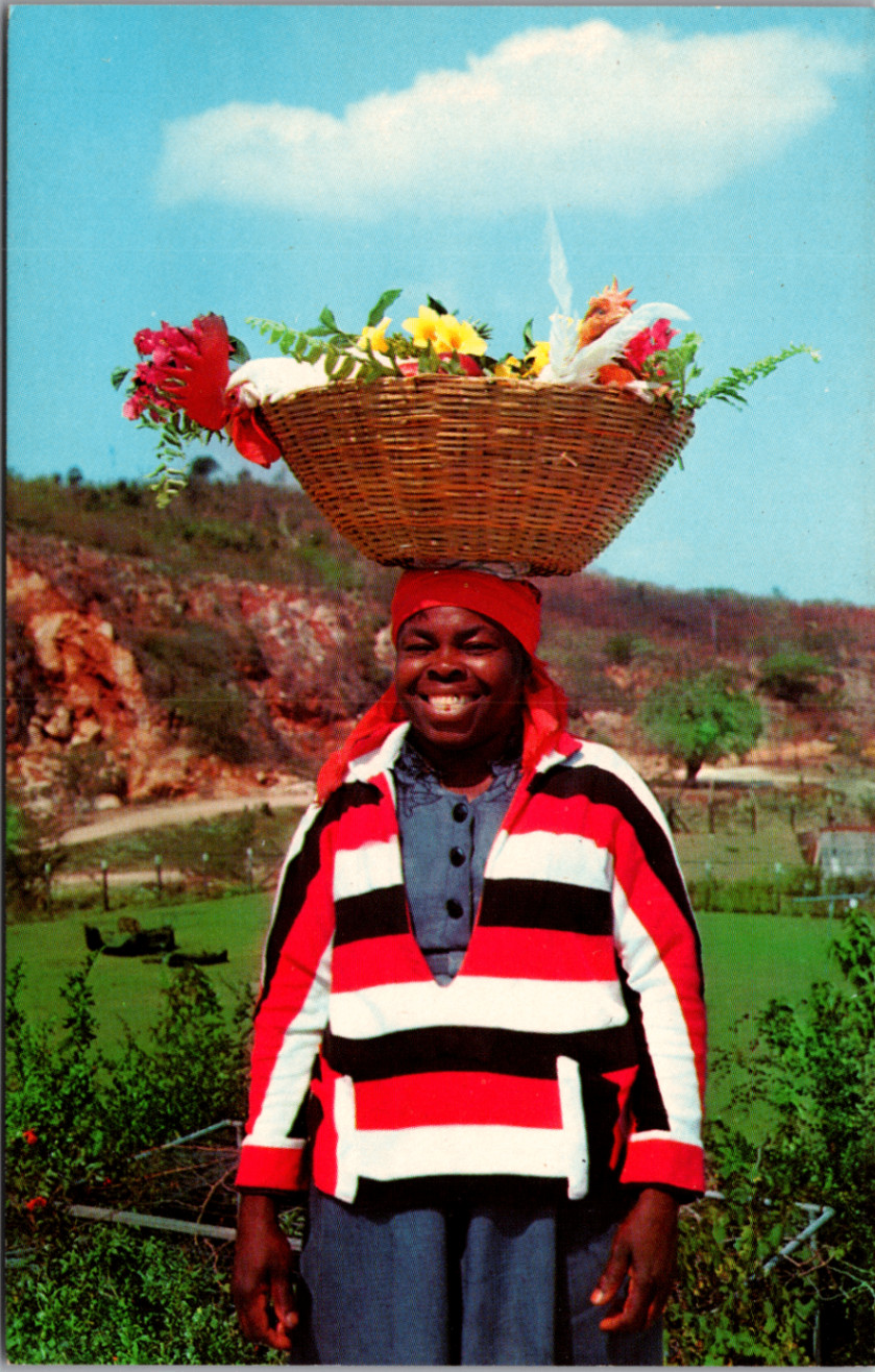 Vintage Jamaica Country Scene Postcard - Woman with Flower Basket on Head Vintage Jamaica Country Scene Postcard - Woman with Flower Basket on Head