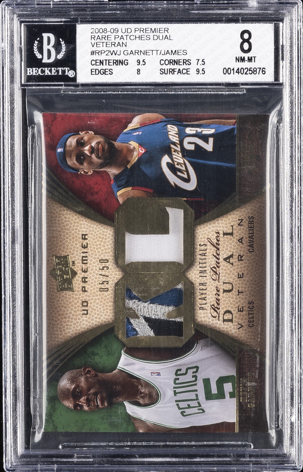 2008 UD PREMIER RARE PATCH DUAL VETERAN KEVIN GARNETT/LEBRON JAMES #5/50 BGS 8
