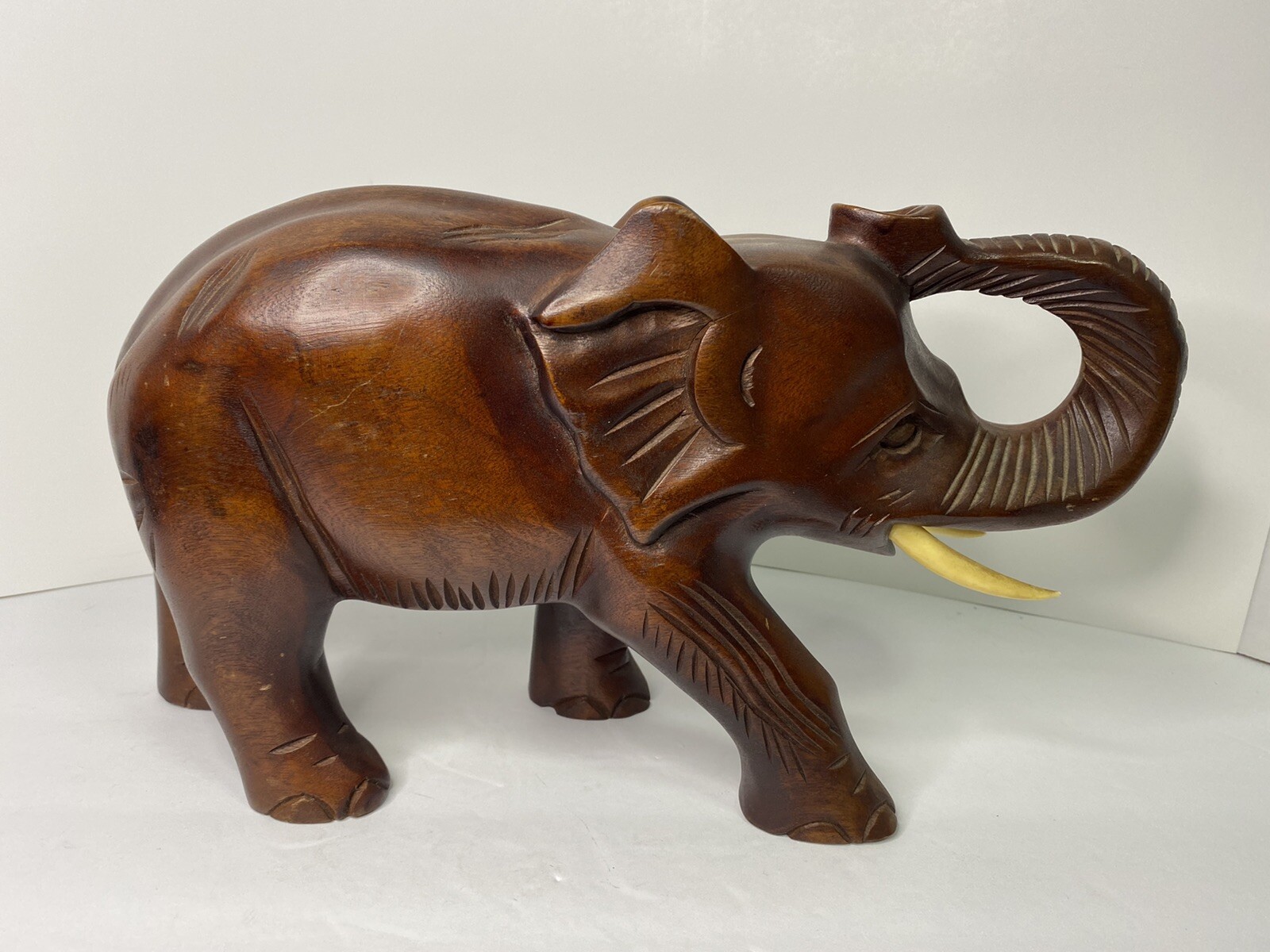 Carved Wood Elephant Statue Trunk Up 7.5” Safari Figurine Animal