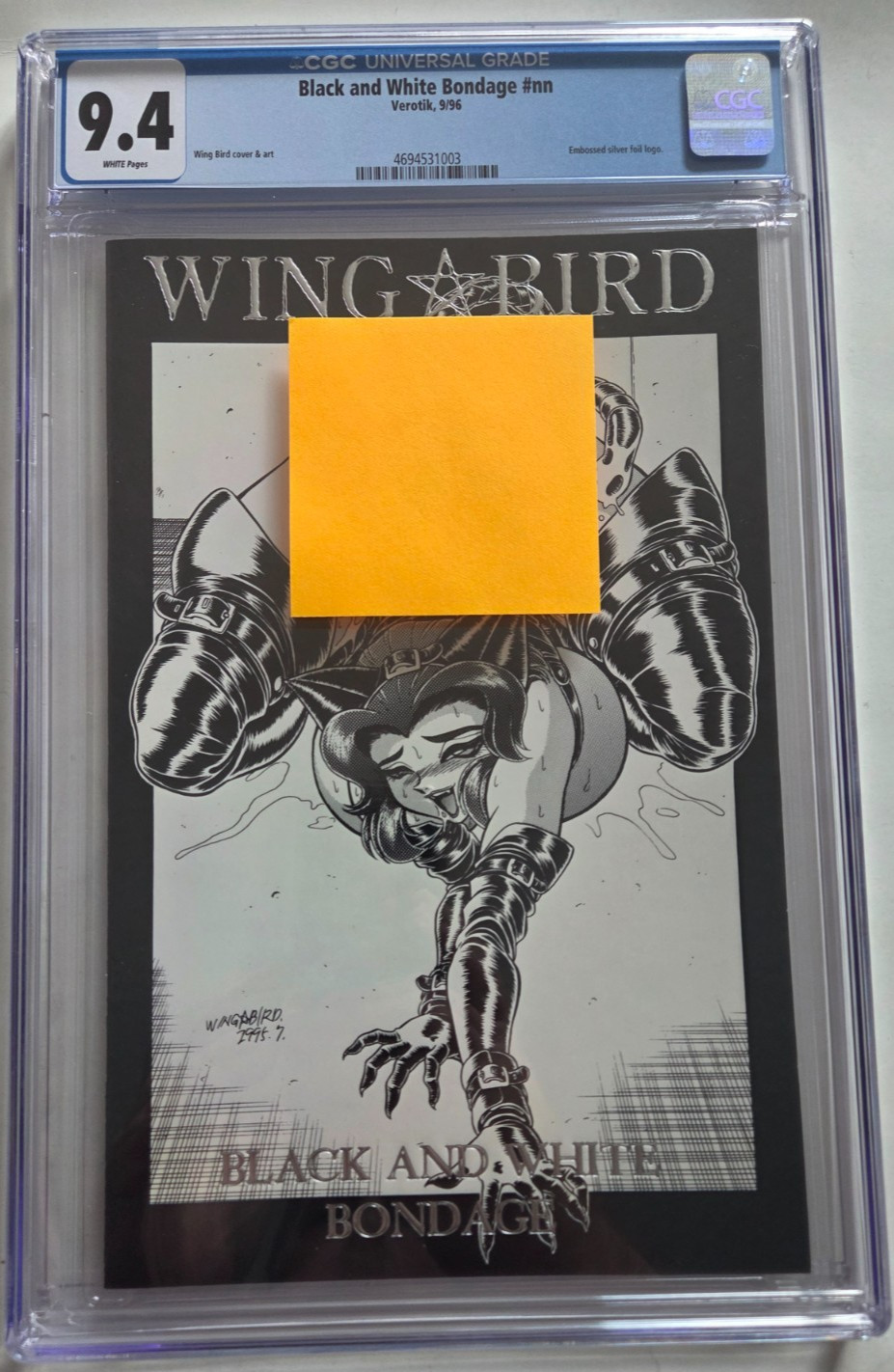 WINGBIRD BLACK AND WHITE BON DAGE #1 CGC 9.4 GRADED 1996 VEROTIK SILVER EMBOSSED WINGBIRD BLACK AND WHITE BON DAGE #1 CGC 9.4 GRADED 1996 VEROTIK SILVER EMBOSSED