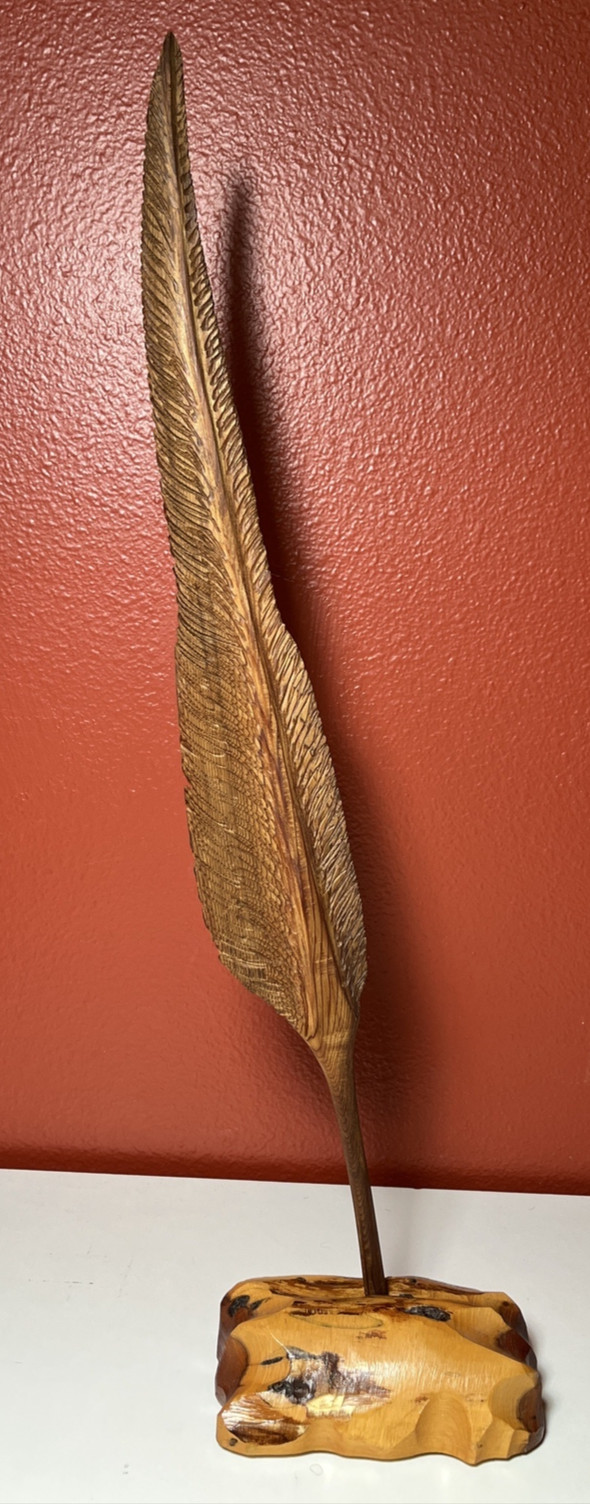 Amazing Wood Carving Detailed Feather With Stand 22” Tall Statement Piece Amazing Wood Carving Detailed Feather With Stand 22” Tall Statement Piece
