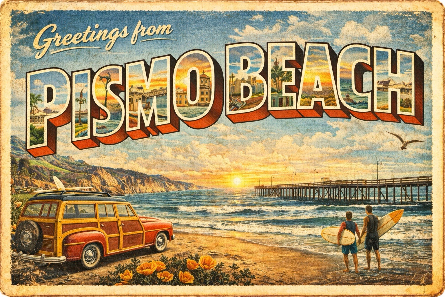 Greetings From Pismo Beach, California MODERN Vintage-inspired Postcard D54