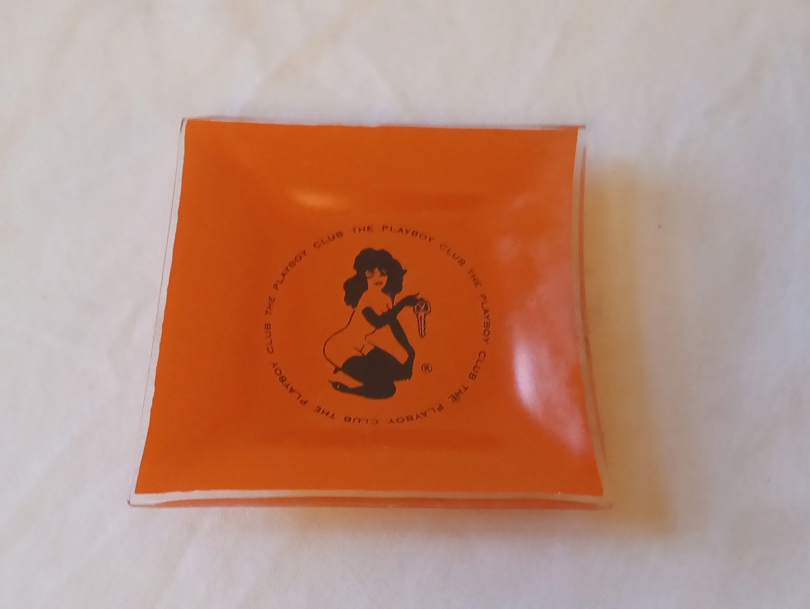 Vtg 1960s Playboy Club Orange Glass Ashtray Trinket Key Dish Leroy Neiman Femlin