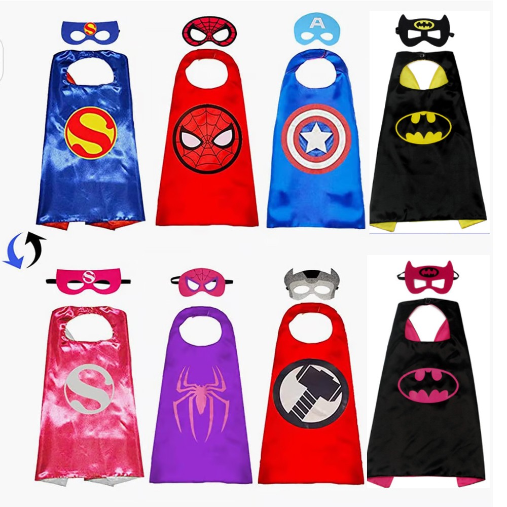 4Pcs Double‑Sided Superhero Capes with Masks Dress‑Up Costume Set