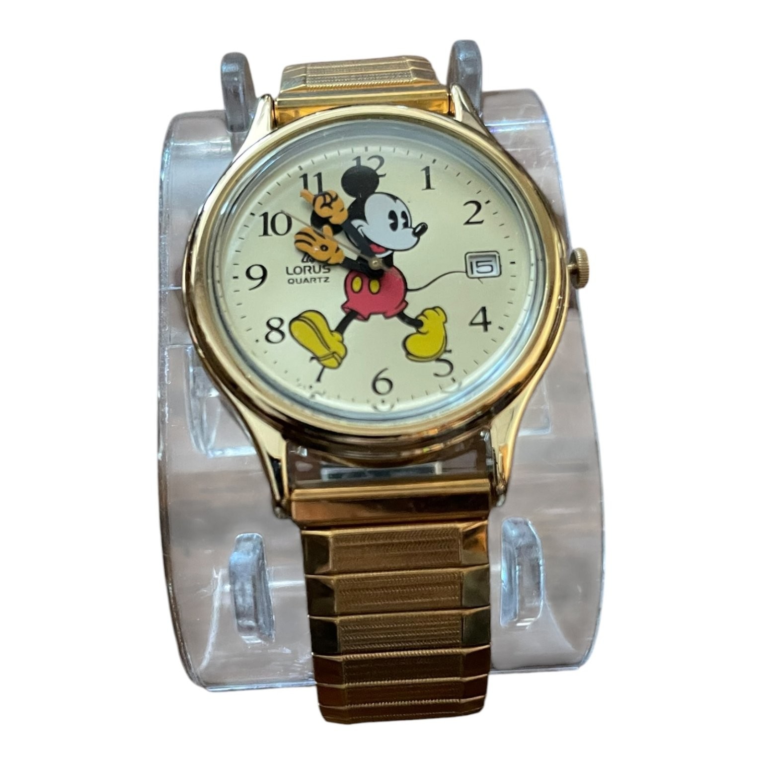 Vintage Lorus Quartz Disney Mickey Mouse Gold Tone Watch w/ Date & Original Box