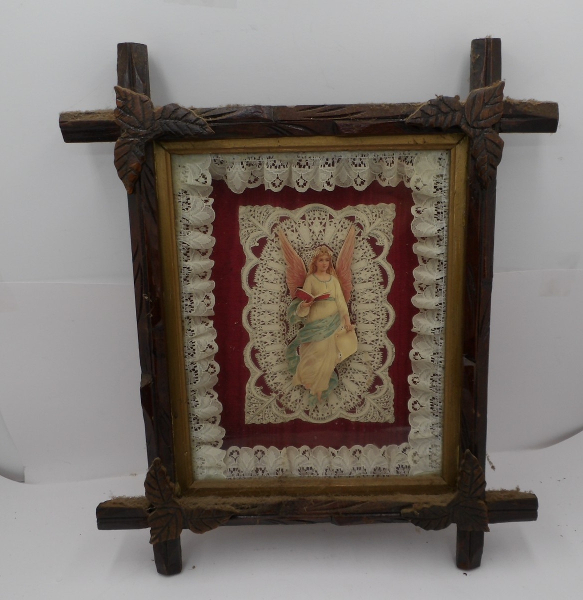 Vintage Victorian Framed Paper Lace Valentine Card 3D Angel Rustic Twig Frame
