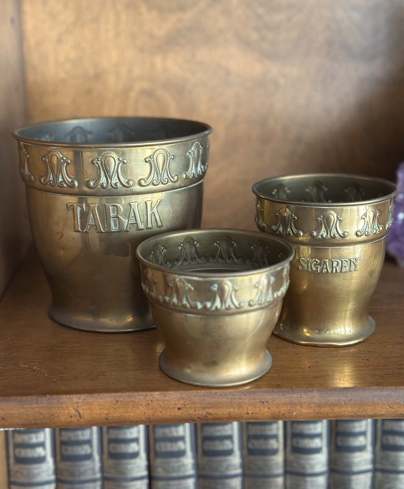 Antique C 1920 Brass Tobacco Cigar Jars TABAK Set of 3 Rio Tiel Holland Pot Vase