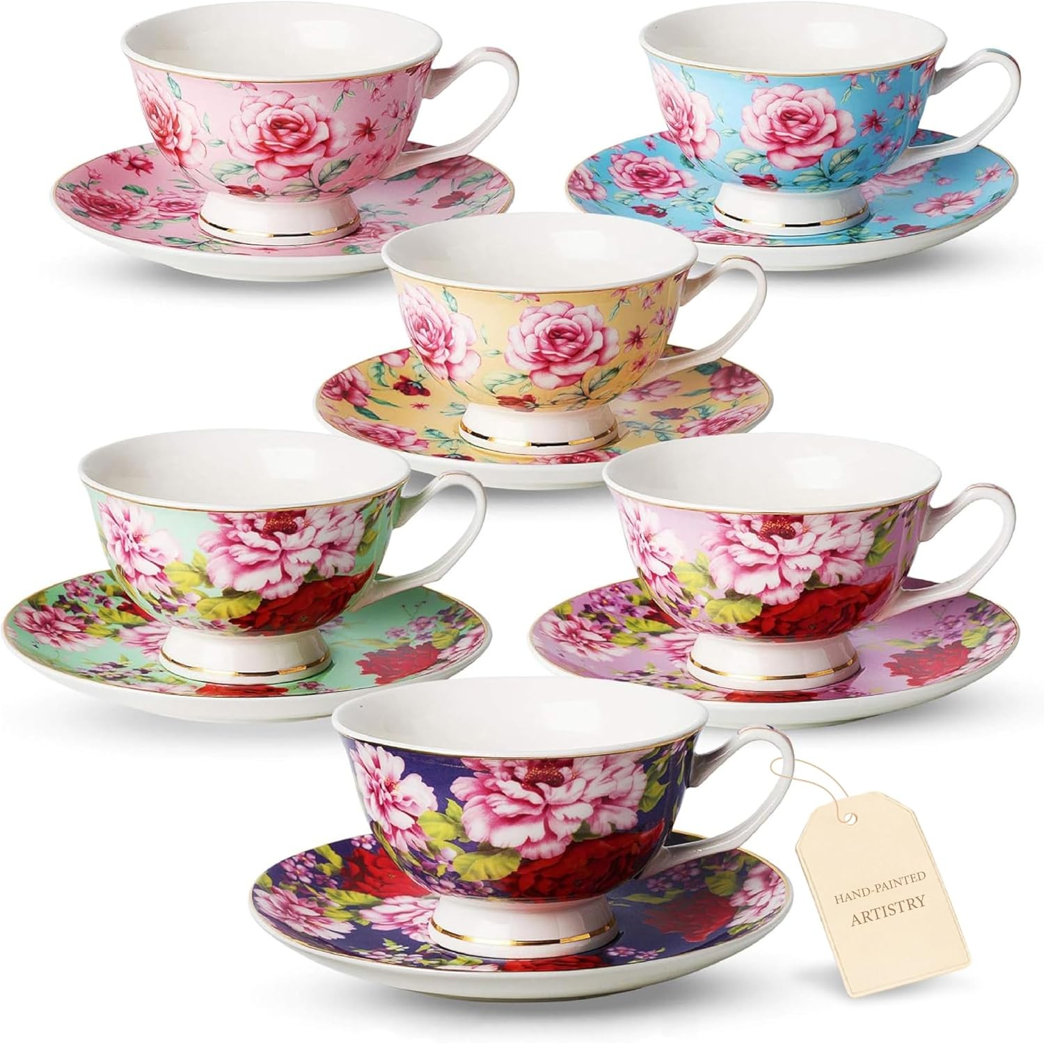 BTaT- Floral Tea Cups and Saucers, 8 oz, Set of 6 BTaT- Floral Tea Cups and Saucers, 8 oz, Set of 6