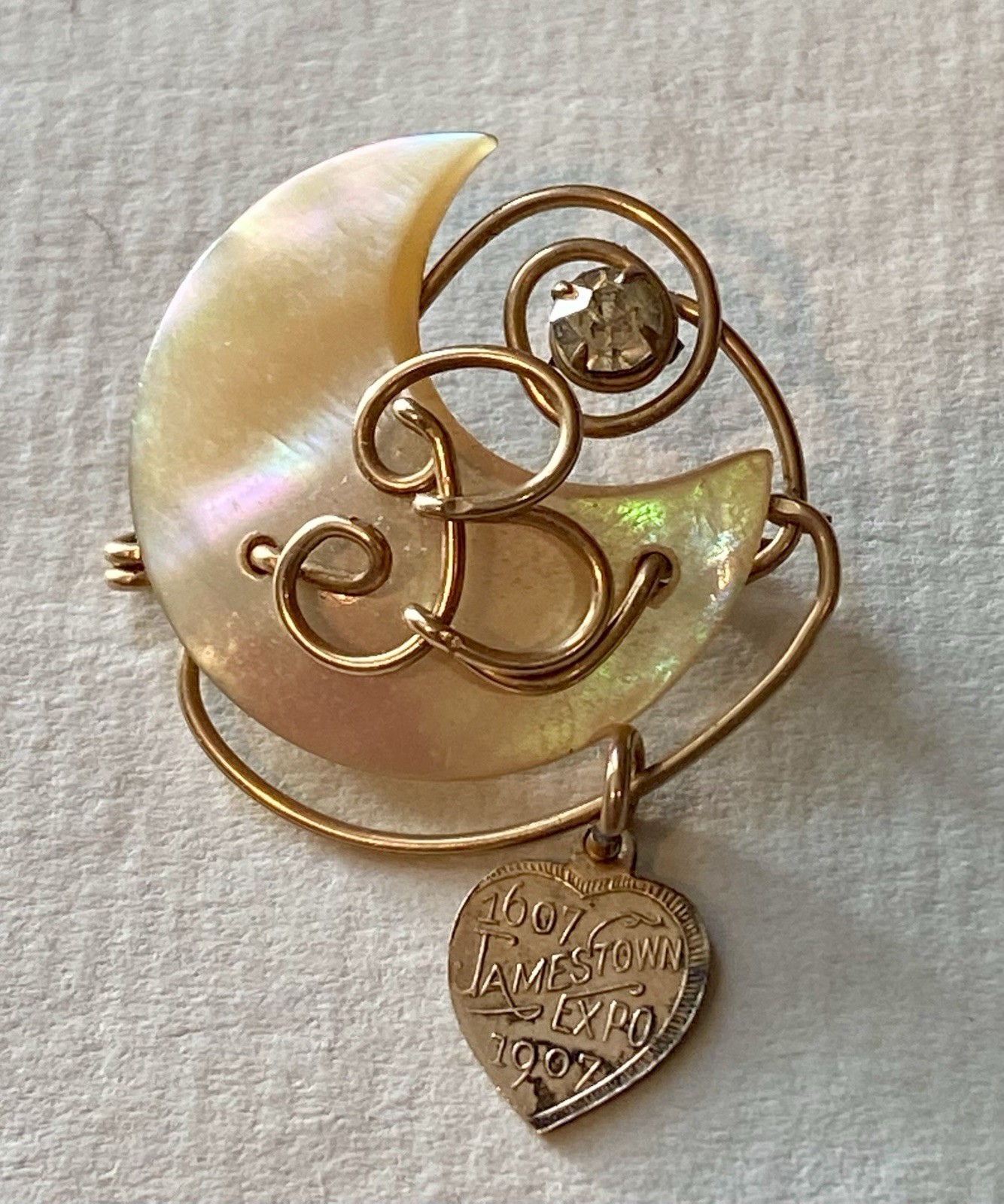 Antique 1907 Jamestown Exposition Souvenir Shell Moon Brooch Lords Prayer Dangle Antique 1907 Jamestown Exposition Souvenir Shell Moon Brooch Lords Prayer Dangle