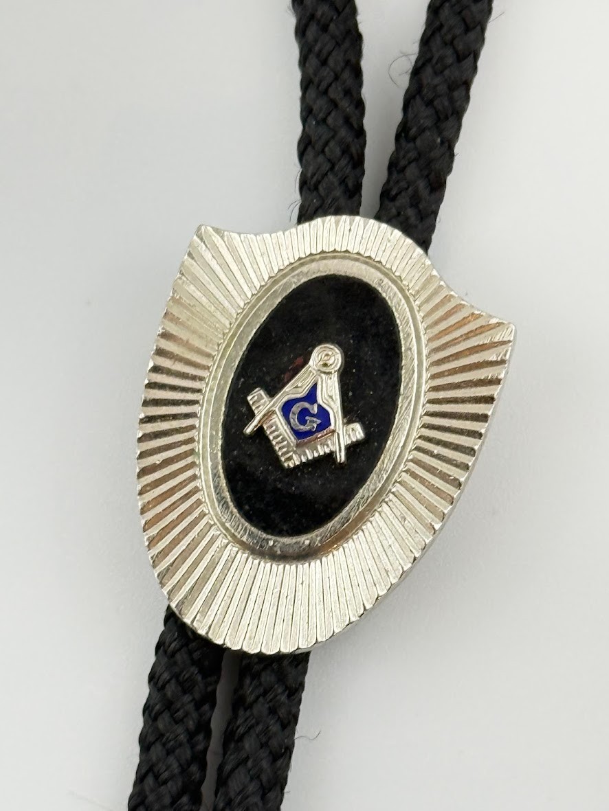 Vtg Masonic Freemason Bolo Tie Blue Black Silver Tone Compass Lodge Master