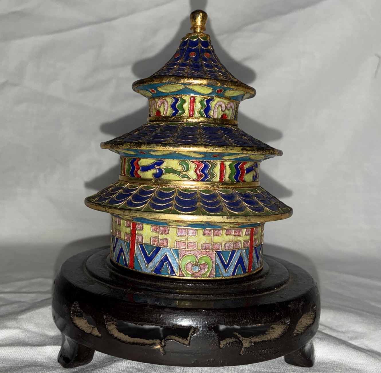 Chinese Cloisonné Enamel Temple of Heaven Pagoda-Form Covered Box, 20th Century