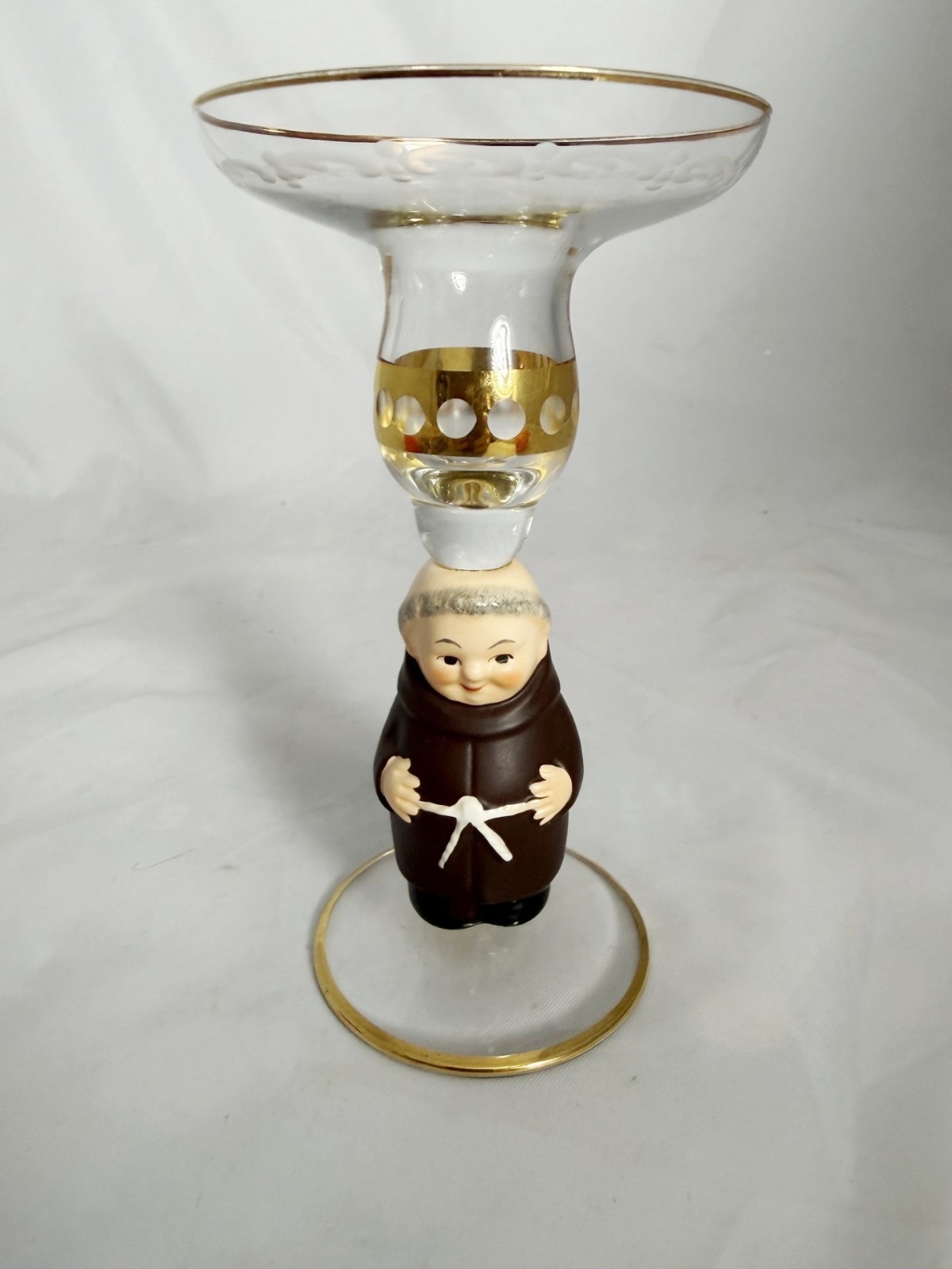 VTG Goebel Friar Tuck Monk Glass Candle Holder Gold Etched Trim Tag West Germany