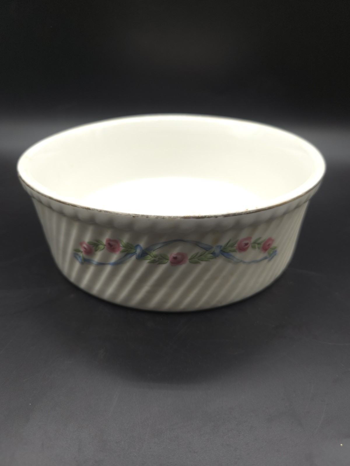 Vintage Hall China Wildfire French Baker Pink Roses Blue Ribbon Good Trim Vintage Hall China Wildfire French Baker Pink Roses Blue Ribbon Good Trim