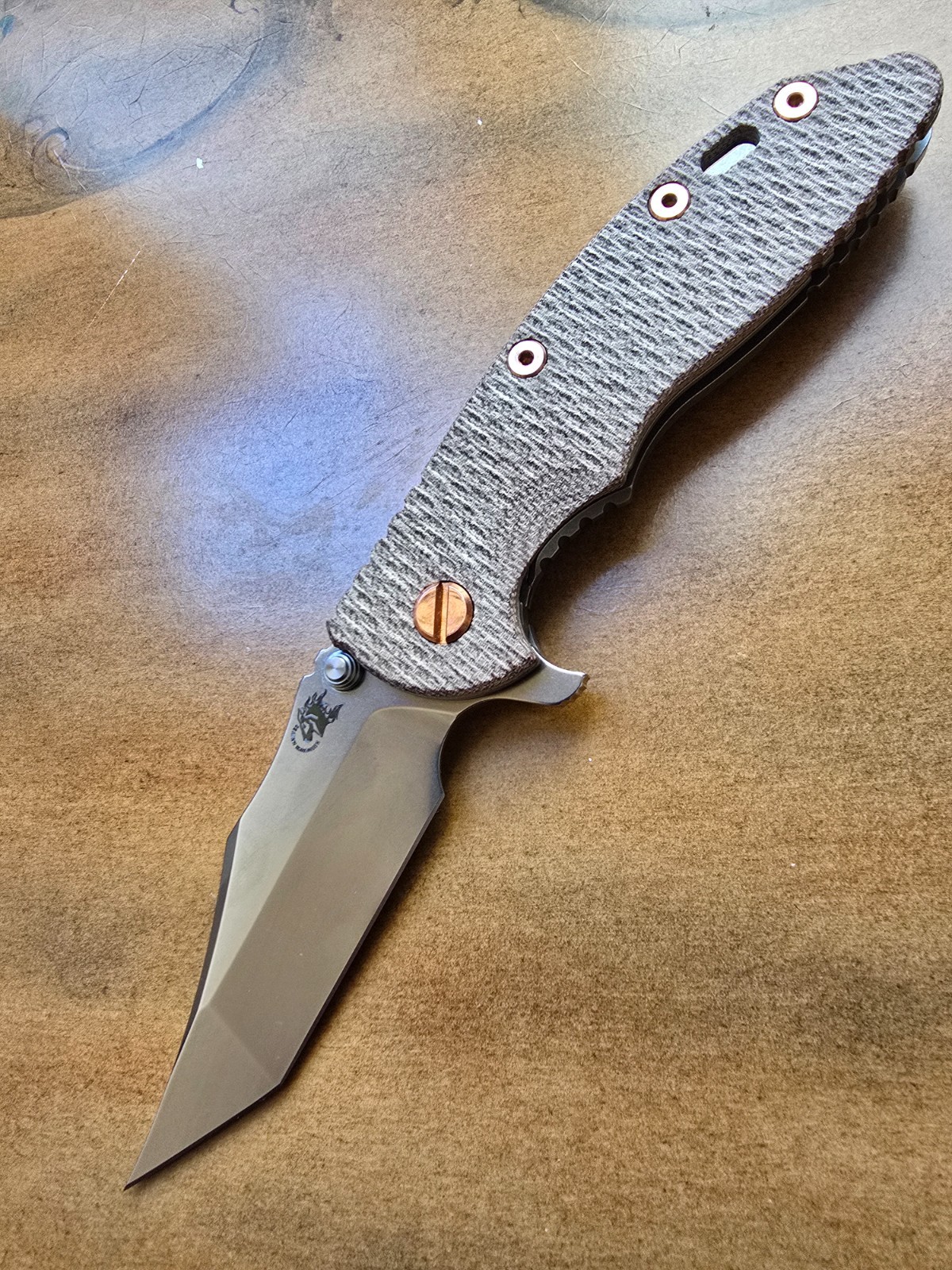 Rick Hinderer XM-18 3.5 Aggressor MagnaCut Tri-Way Natural Micarta Copper