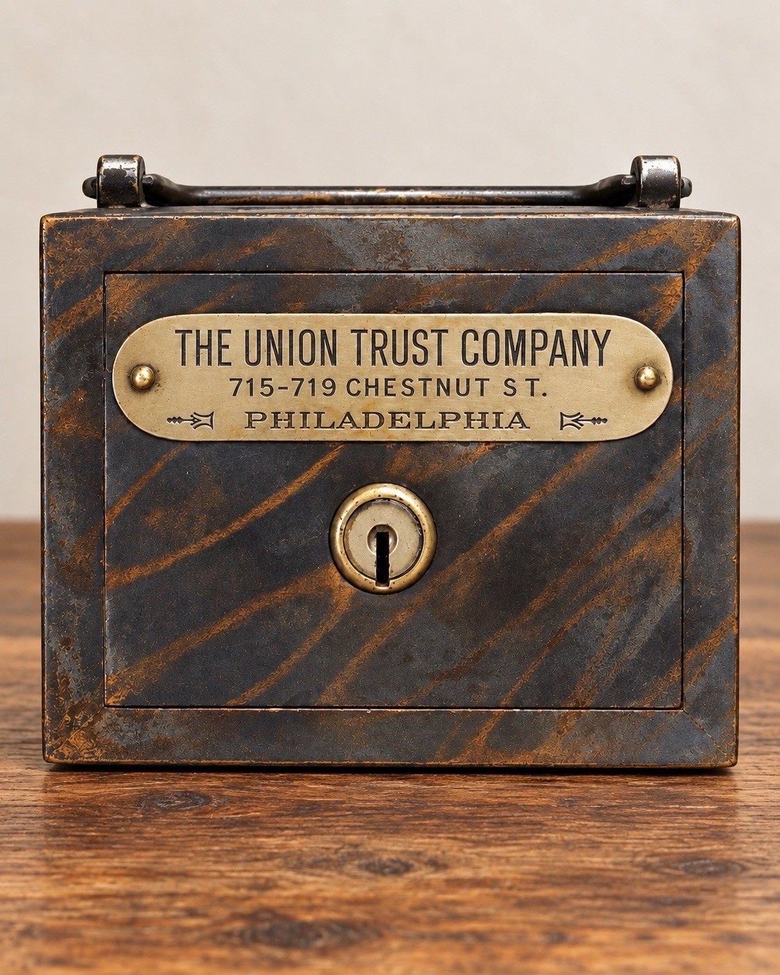 1901 ANTIQUE UNION TRUST BANK - PHILADELPHIA METAL LOCKBOX HISTORIC COLLECTIBLE