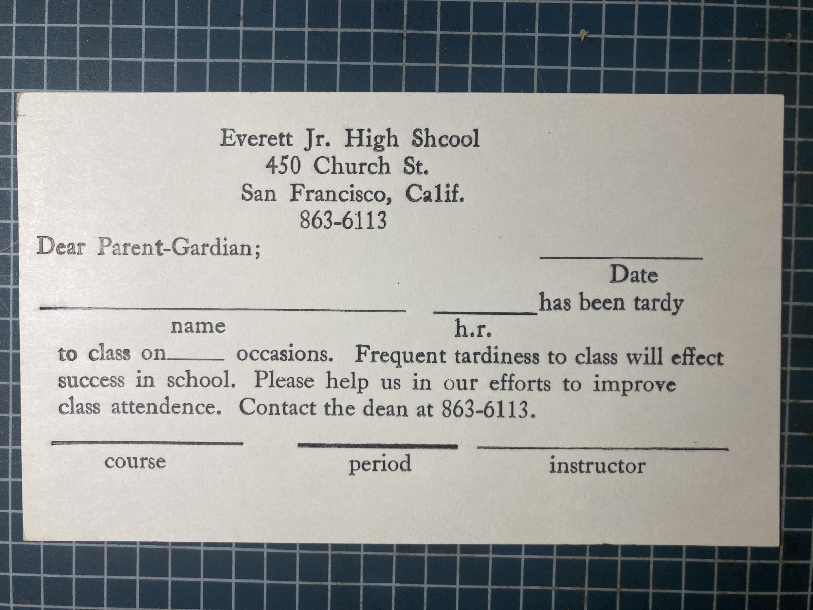 Vintage Everett Jr High SchoolAttendance CARD SanFrancisco 1968 5C Lincoln UX55 Vintage Everett Jr High SchoolAttendance CARD SanFrancisco 1968 5C Lincoln UX55