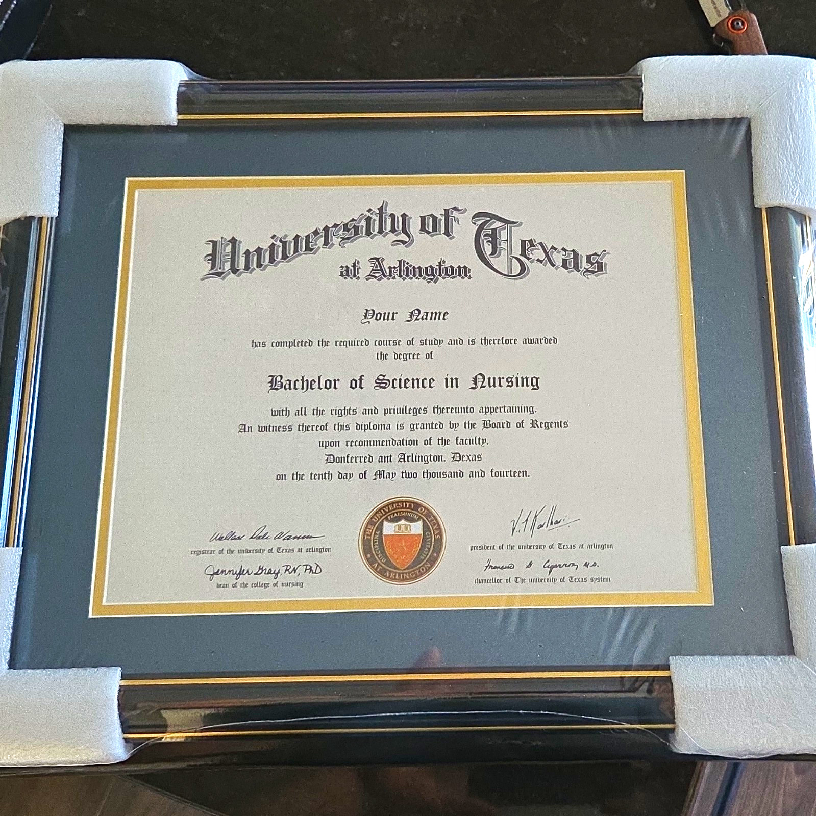 University of Texas at Arlington 2005 Nursing Diploma Framed Signed