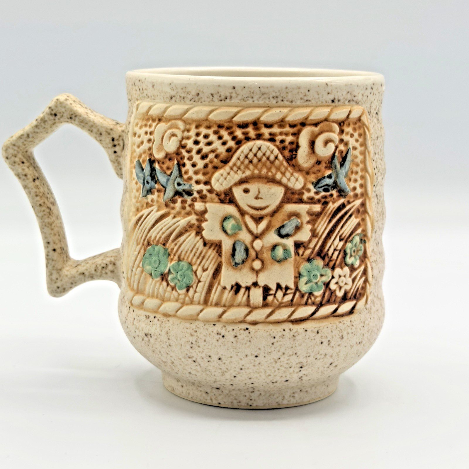 VTG 1970s Stoneware Mug Scarecrow Birds Folk Art Speckled Relief Coffee Cup VTG 1970s Stoneware Mug Scarecrow Birds Folk Art Speckled Relief Coffee Cup