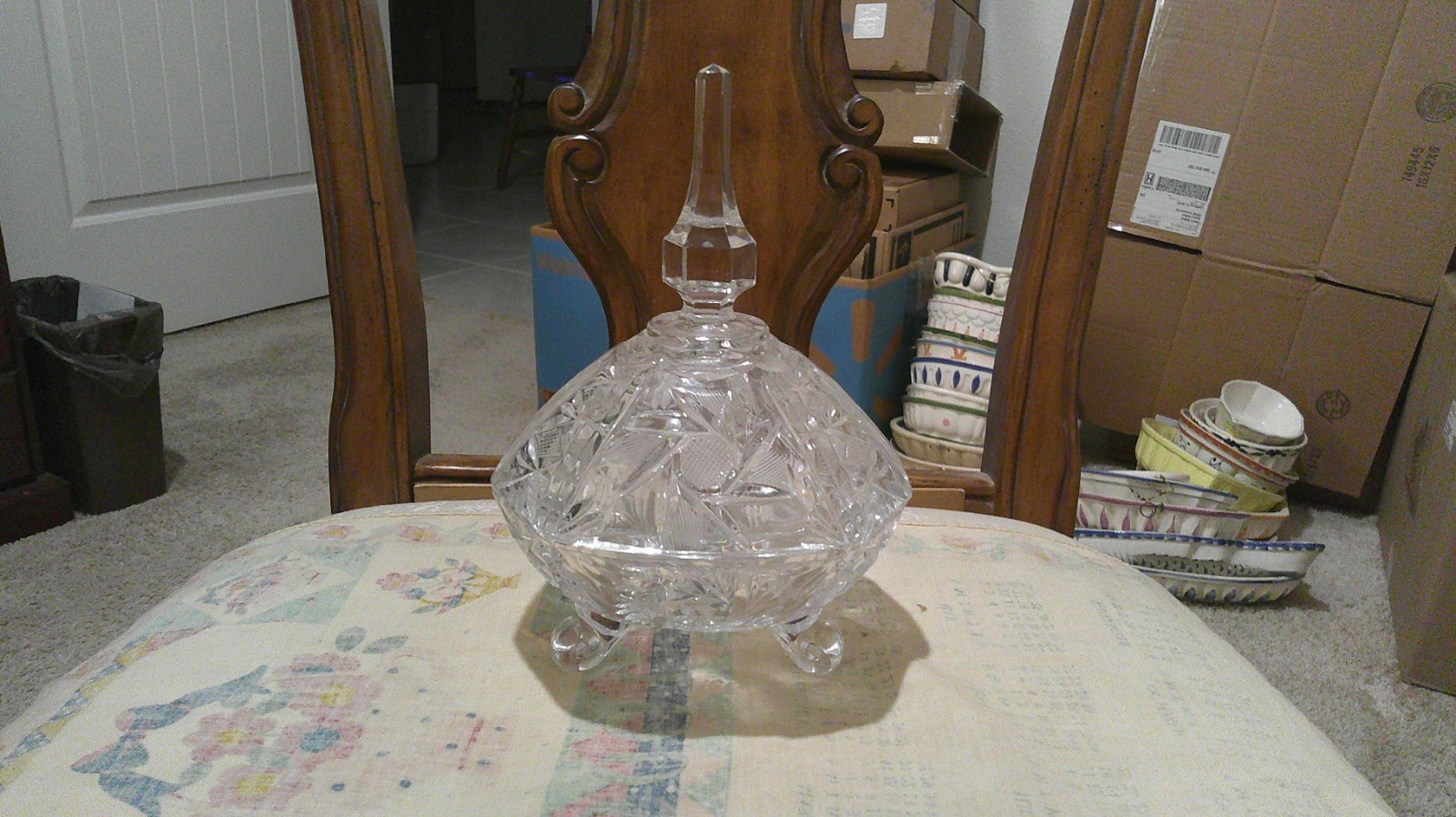 ELEGANT CRYSTAL FOOTED BOWL PRESSED AND CUT WITH SPIRE LID APPROX. 6\