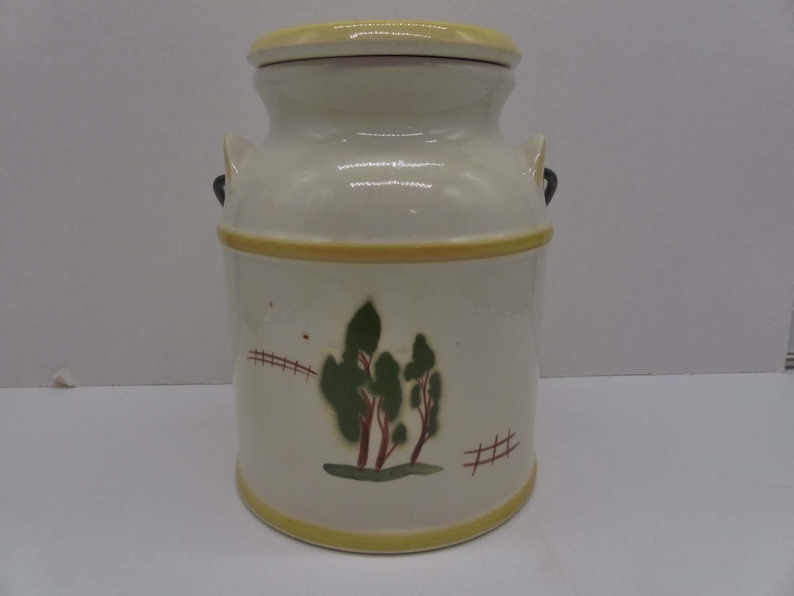 VTG Brock California Harvest Pattern Stoneware Milk Can Cookie Jar Metal Handle