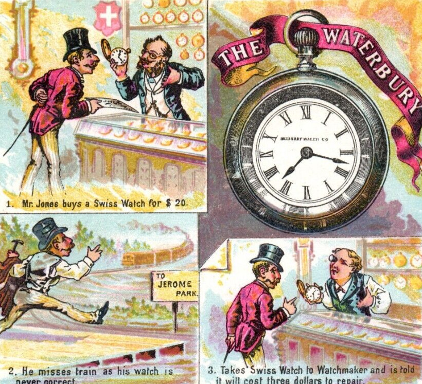 1870\'s-80\'s The Waterbury Train Pocket Watch Racing Victorian Trade Card F48
