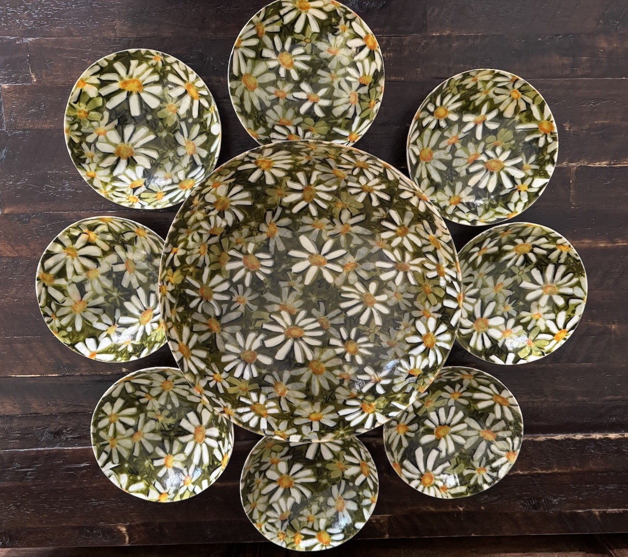 MCM Fiberglass Large Decoupage Bowl and 8 bowls White Daisies Flowers 1960s set MCM Fiberglass Large Decoupage Bowl and 8 bowls White Daisies Flowers 1960s set