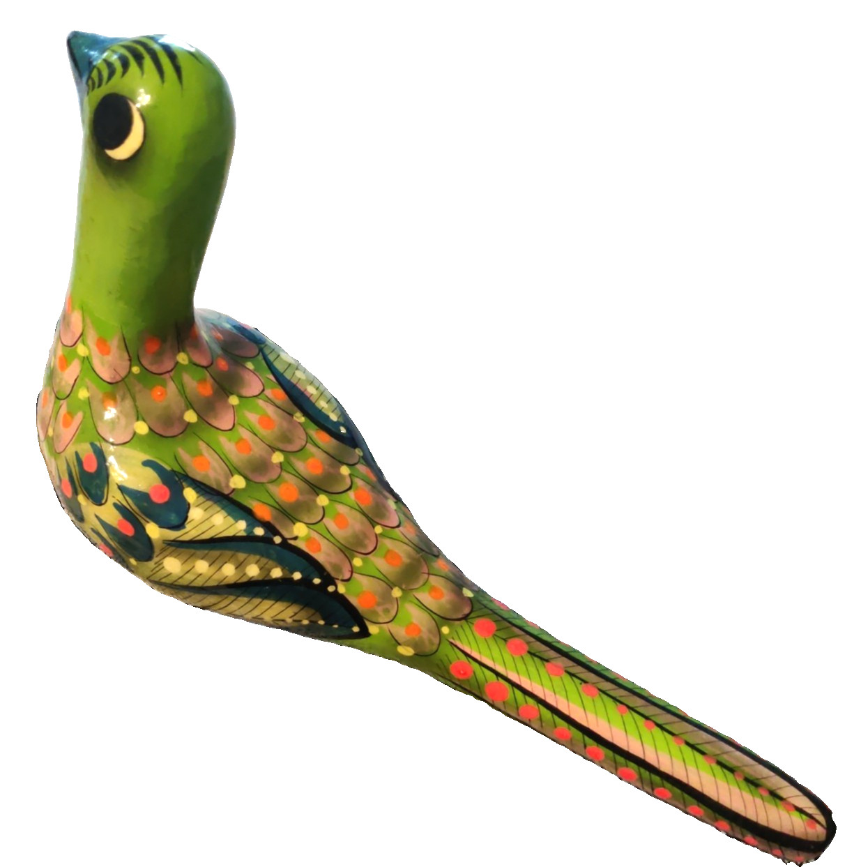 Mexican Folk Art Hand Painted Sage Green Bird Signed Mateos Tonala