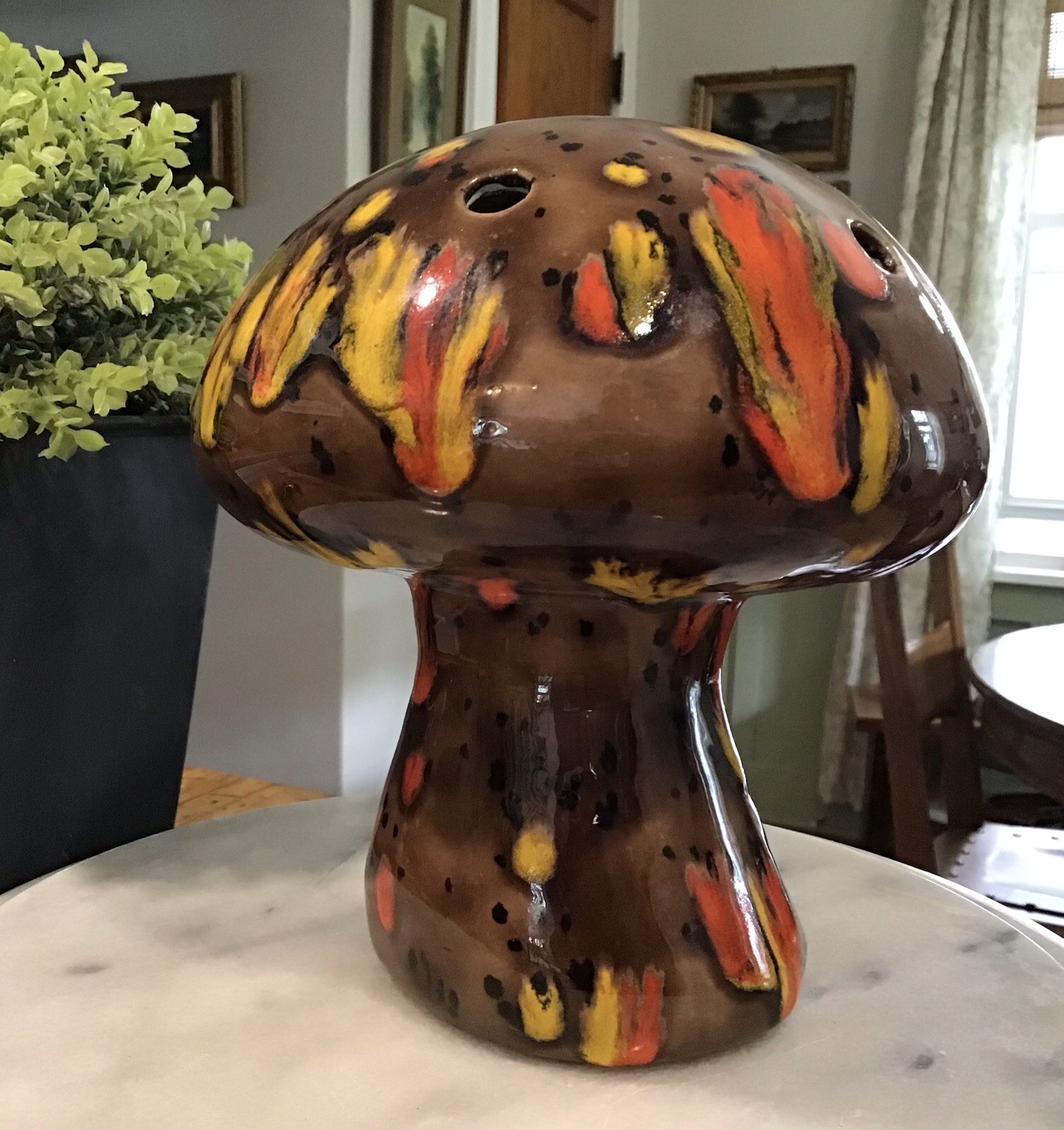 Vintage MCM Large 6.5” Ceramic Mushroom Decoration Holes In Top