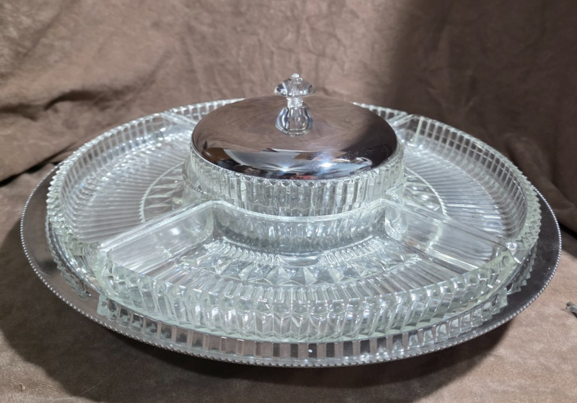 Lazy Susan Chrome & Glass Revolving 7 Pc Serving Dish Party Tray Set Kromex Lazy Susan Chrome & Glass Revolving 7 Pc Serving Dish Party Tray Set Kromex