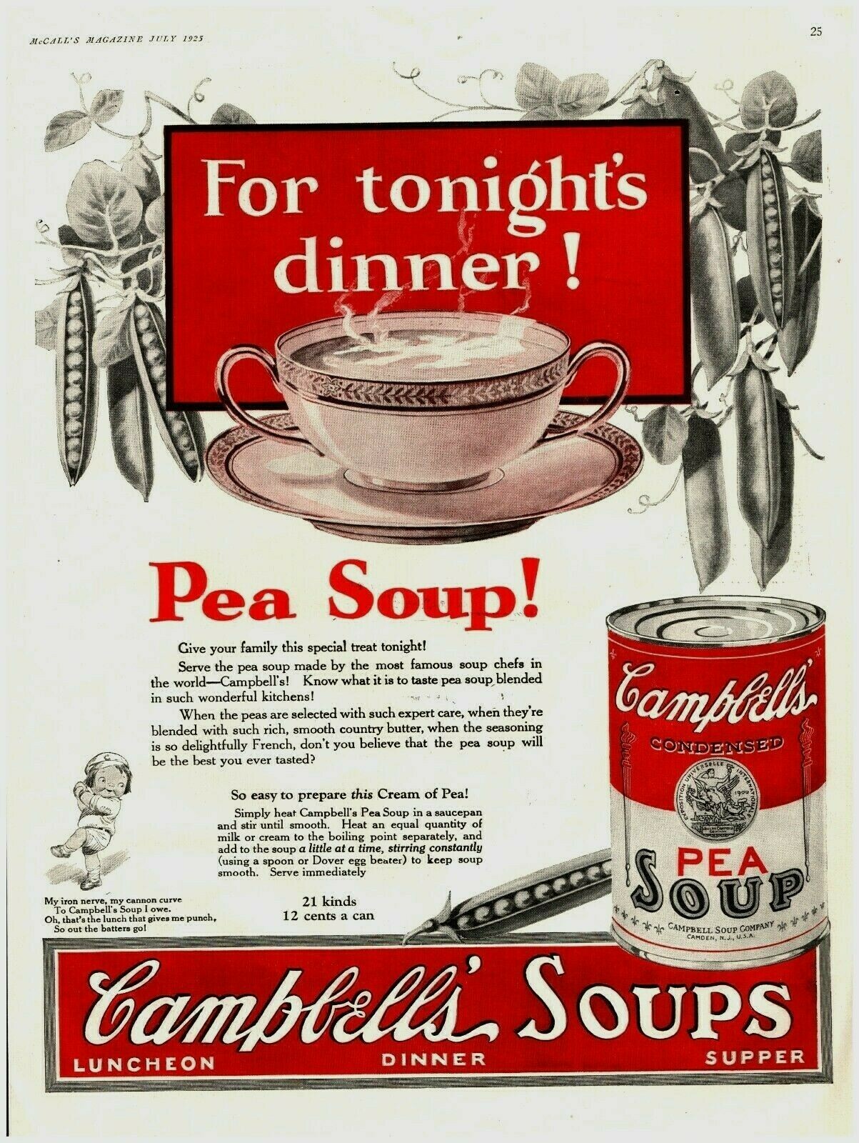 1925 Campbell's Pea Soup Vintage Print Ad For Tonight's Dinner Kids Baseball