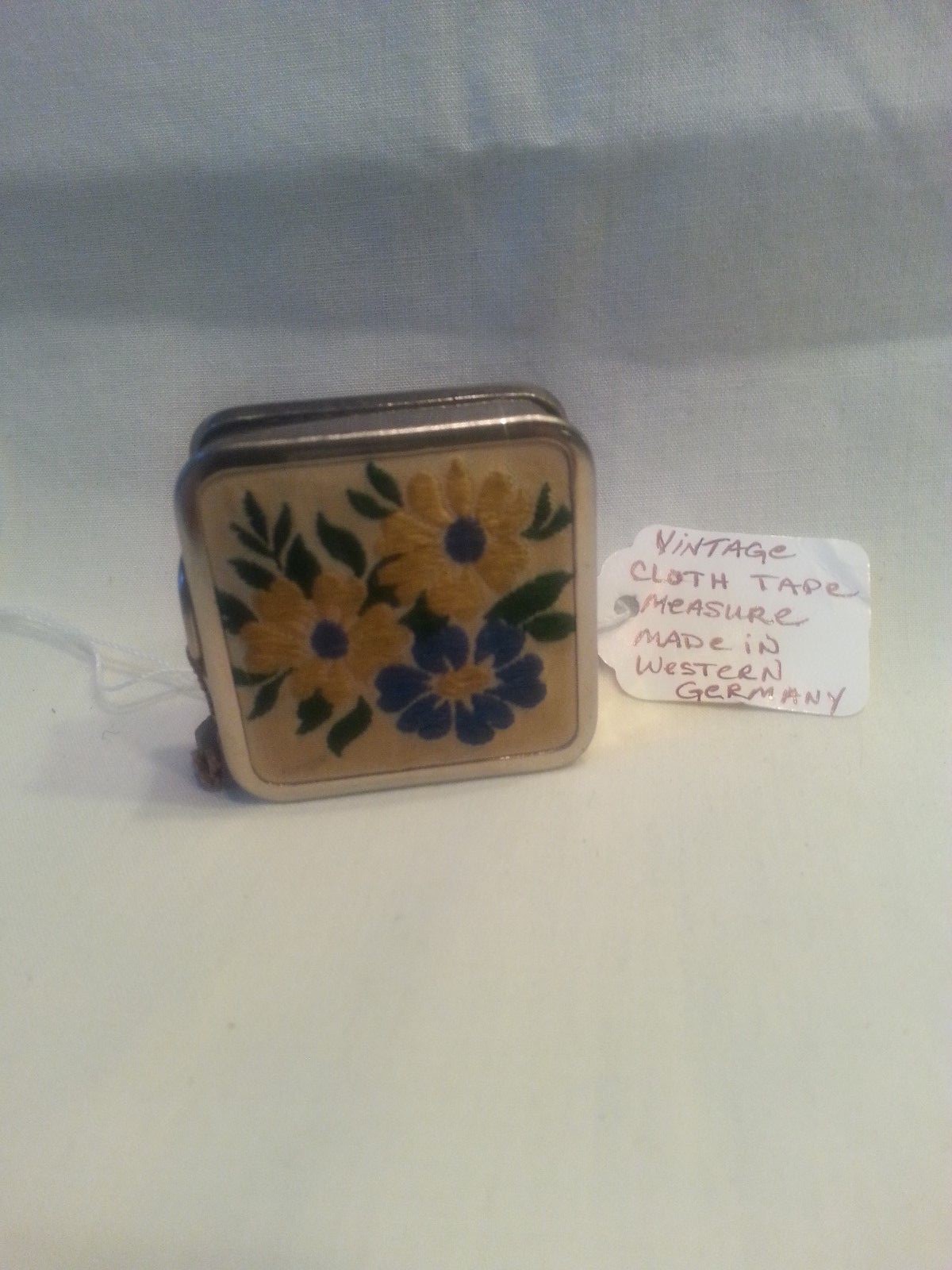 Vintage Cloth Measure Retractor Square Floral Metal Inches Works West Germany