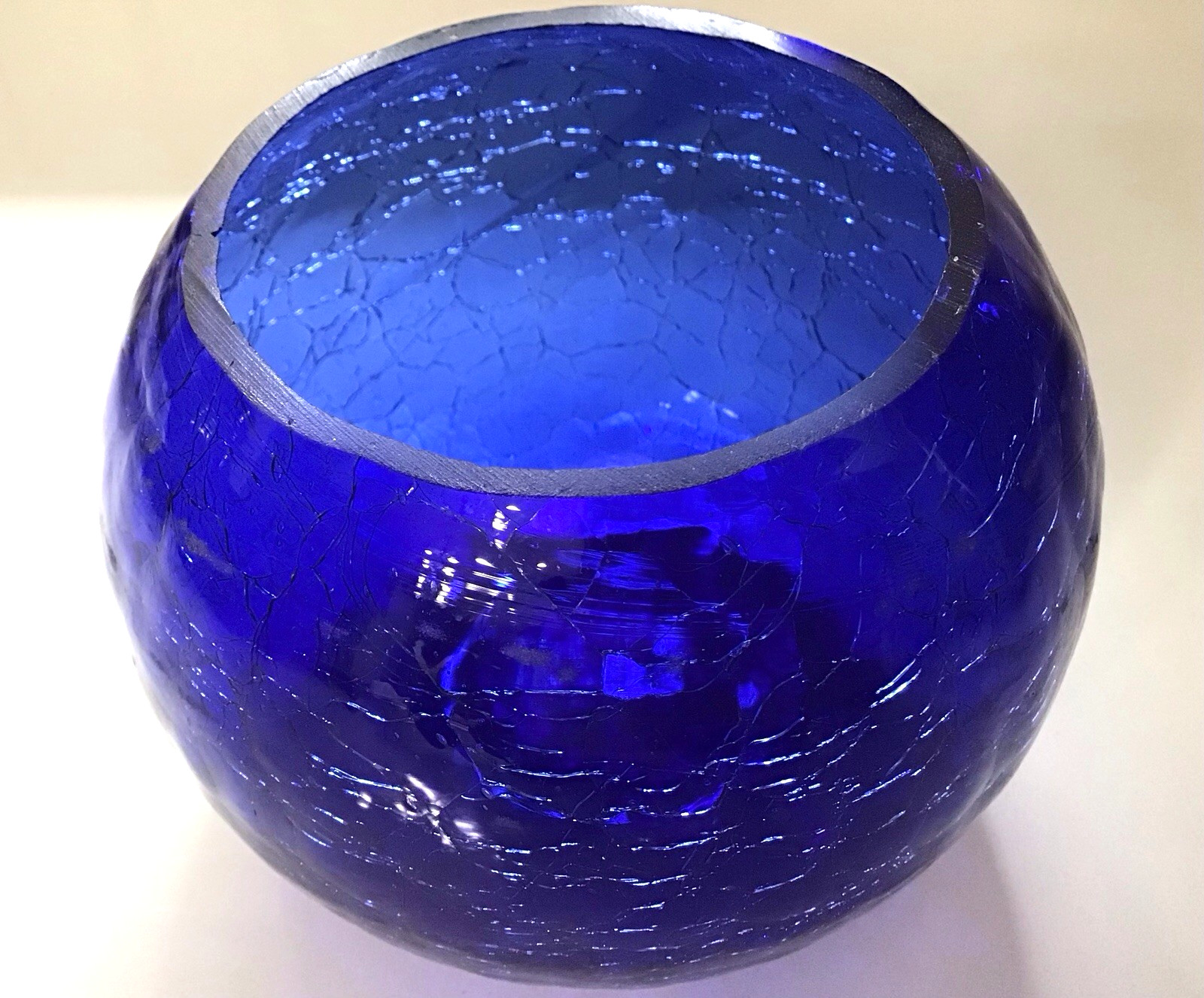 Vtg. Mid-Century Modern Cobalt Blue Art Crackle Glass Vase Round-Beautiful