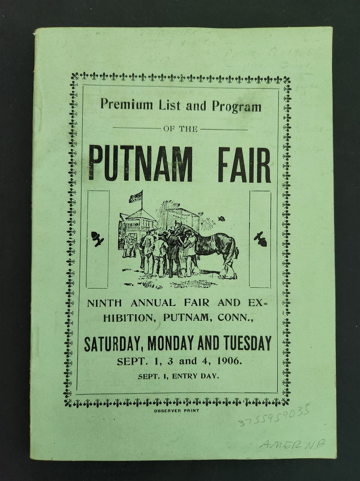 1906 antique PUTNAM FAIR ct Premium List PROGRAM Ninth Annual Exhibition w ADS