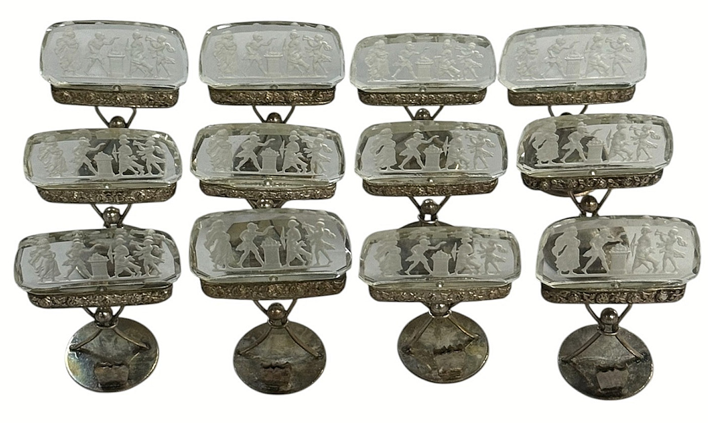 ANTIQUE AUSTRIAN INTAGLIO CRYSTAL PLACE CARD HOLDER SET OF 12 SILVERPLATE ANTIQUE AUSTRIAN INTAGLIO CRYSTAL PLACE CARD HOLDER SET OF 12 SILVERPLATE