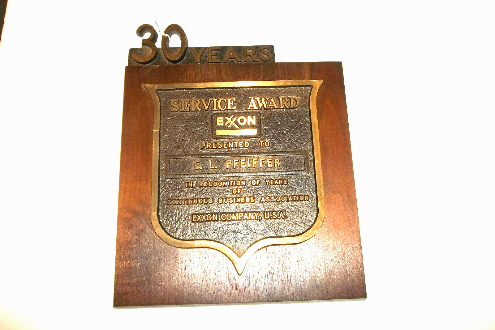 Vintage Original EXXON Gas Oil Company 30 Years Service Award Brass Plaque Sign