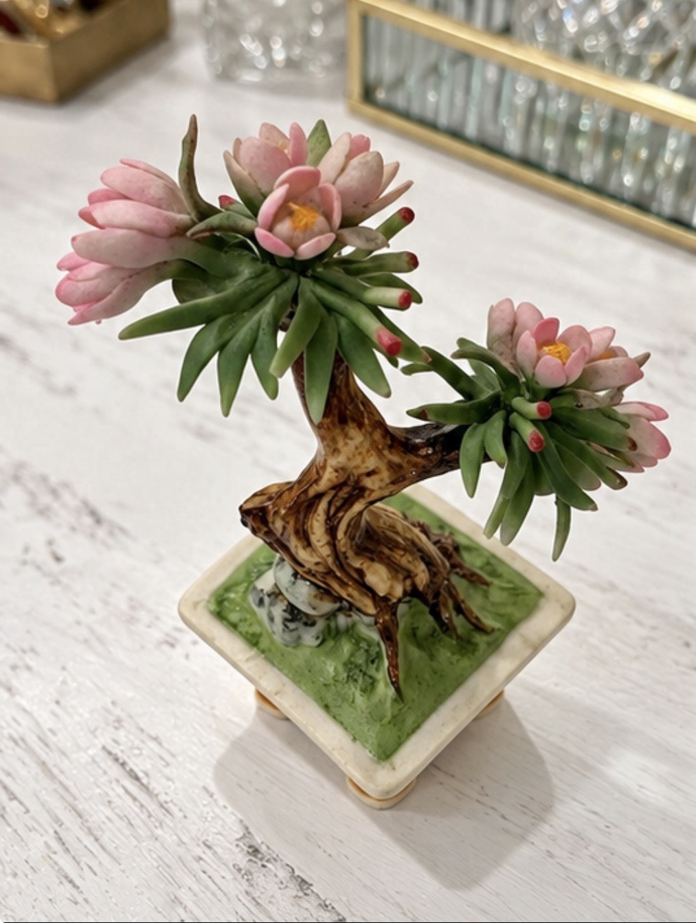 Vintage Capodimonte Italian Porcelain Miniature Bonsai Tree Pink Flowers 