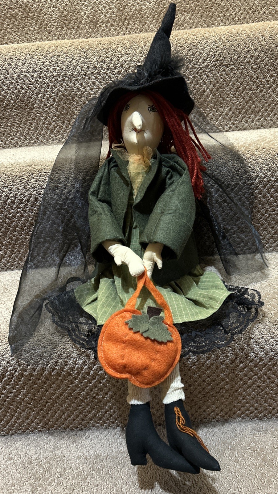 Halloween Vtg Witch Fabric Doll 28” Black Hat Dress Lace Pumpkin Bag Folk Art Halloween Vtg Witch Fabric Doll 28” Black Hat Dress Lace Pumpkin Bag Folk Art