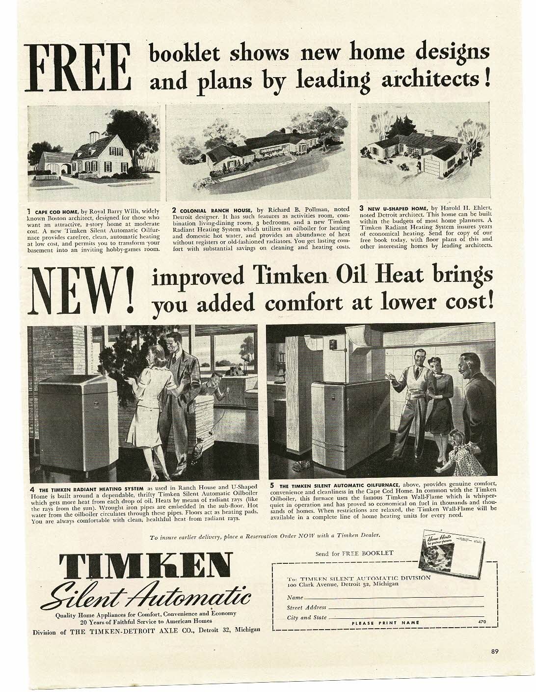 1945 Timken Silent Automatic Oil Heater 1940s home design Vintage Print Ad