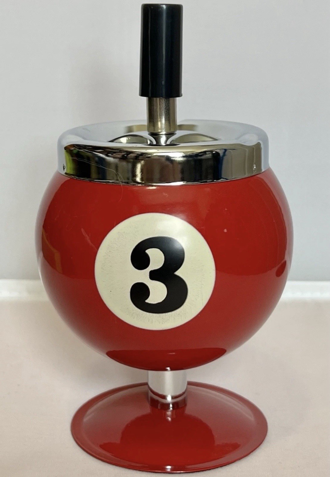 Retro Pool Ball SPINNING Ashtray Mechanical Red #3 Chrome vtg MCM Nostalgic New