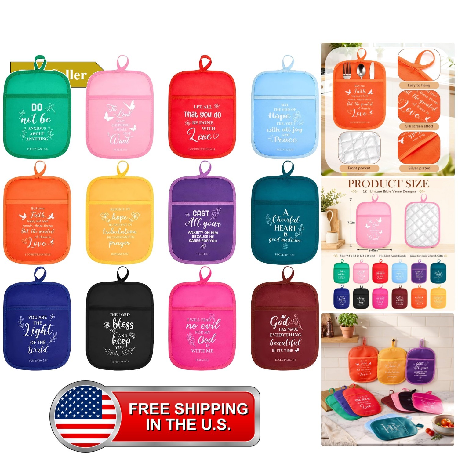 12 Pcs Christian Religious Pot Holders with Pocket, Church Gifts Bulk