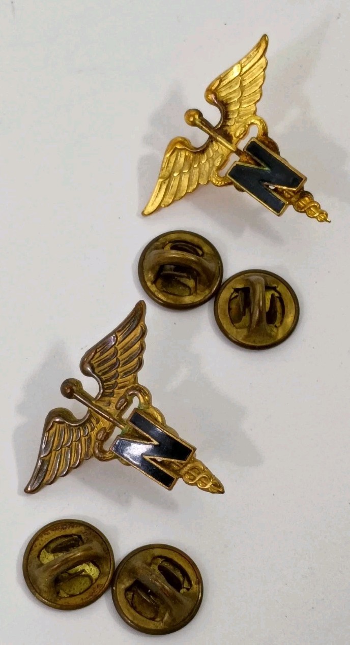 2 Vintage US Army Nurse Corps Caduceus Gold Tone Medical Insignia Collar Pin