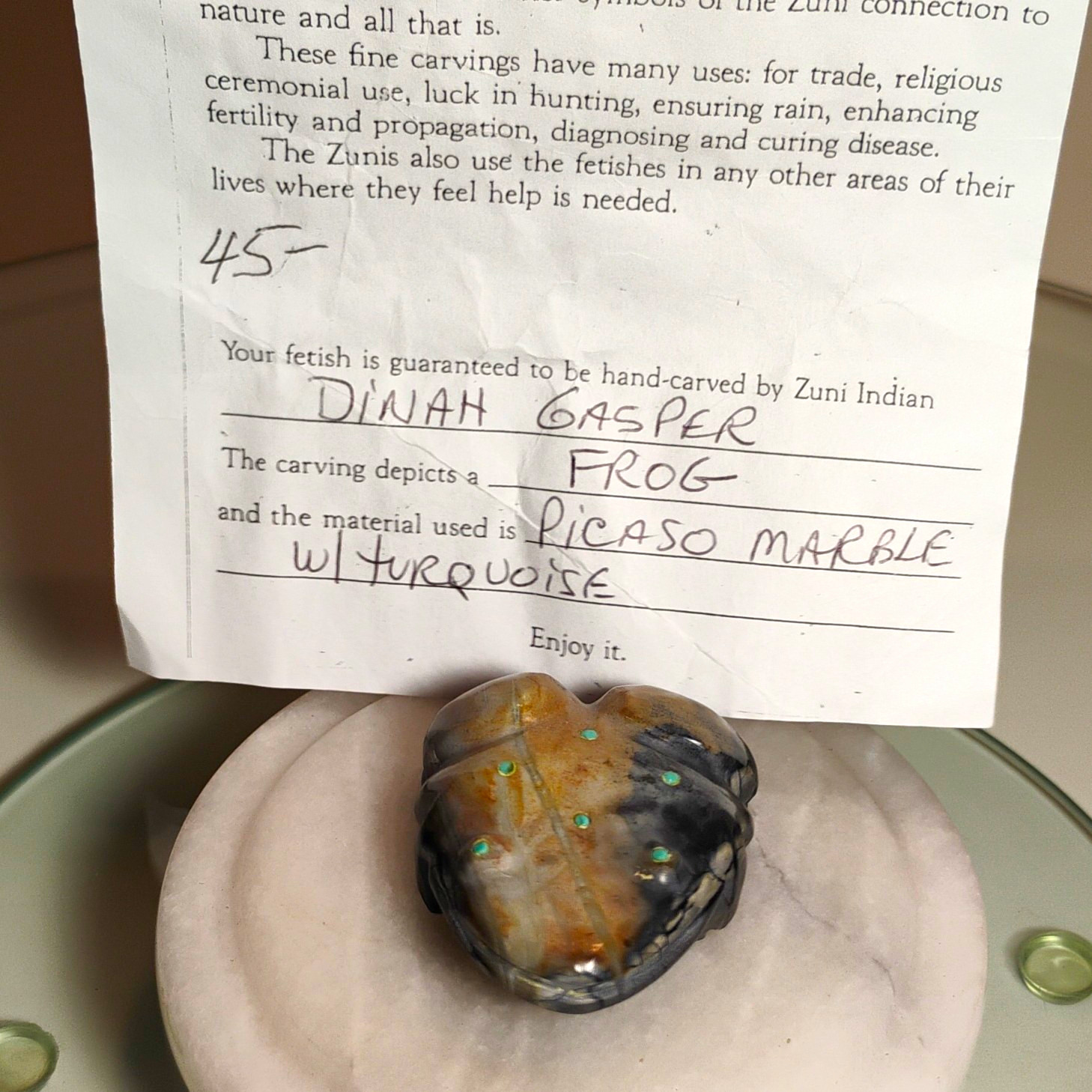 Dinah Gasper Zuni Fetish Carving Frog Picasso Marble with Turquoise