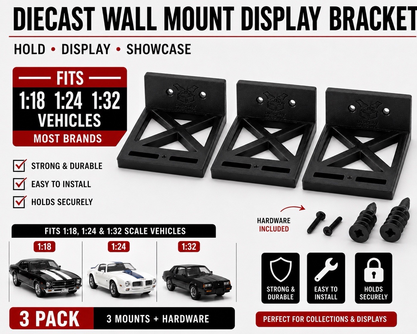 3pk  Floating Diecast Wall Mount For All Major Brands 1:24 1:32 adjustable shelf